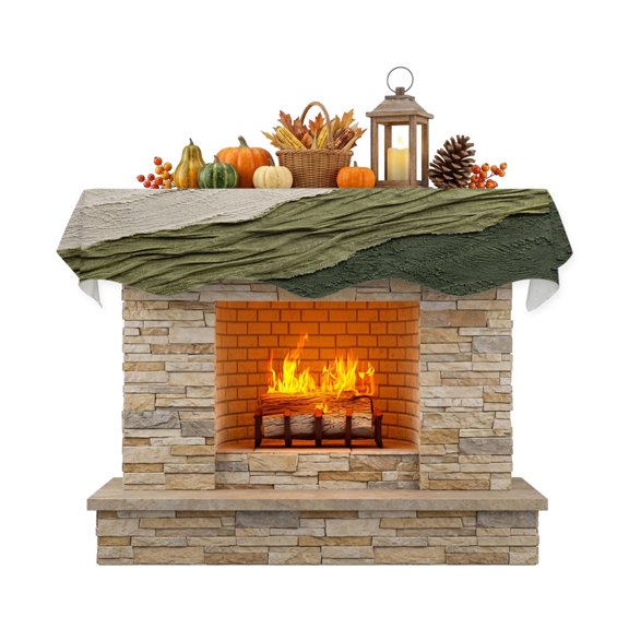 Olive Green Ombre Fireplace Mantel Scarf 60 x 17 Inch, Beige Green Fabric Texture Gypsum Style Abstract Mantel Scarves for Fireplace Decoration for Thanksgiving Party Supplies