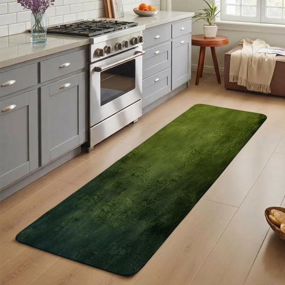Olive Green Ombre Washable Runner Rug 3X5 ft Vintage Moss Forest Green Black Rustic Boho Non-Slip Hallway Runner Rug, Linen Kitchen Runner Mats, Indoor Floor Carpet for Entryway Bathroom Living Room