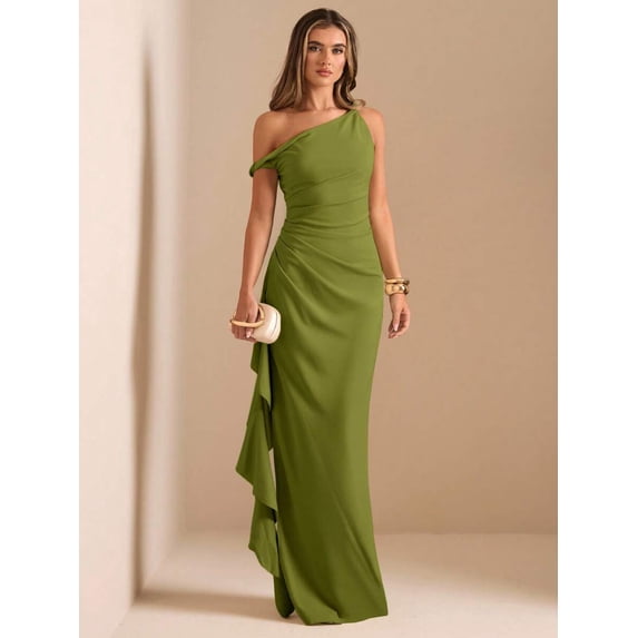 Olive Green One Shoulder Ruched Wrap Maxi Dress With Asymmetrical Hem
