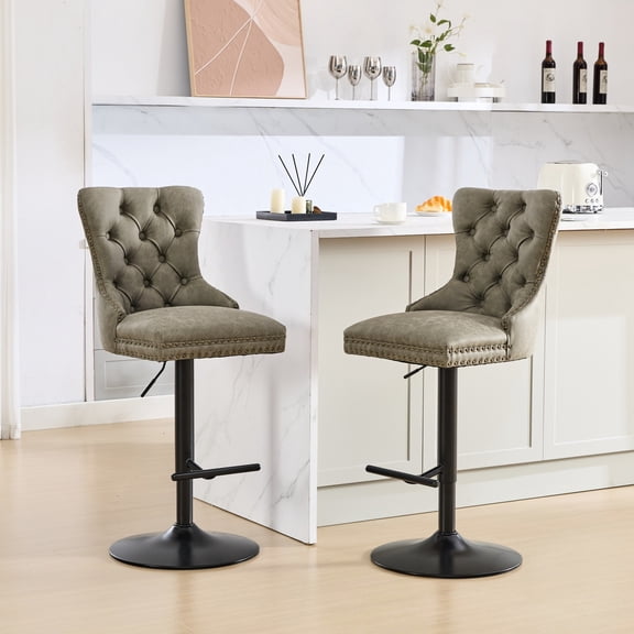 Olive Green PU - 25 - 33 Inch Height Adjustment & 360° Turn - Home Bar Area - Stable and Resilient Stools