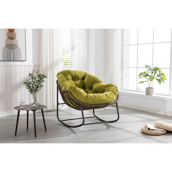 Olive Green Padded Rattan Rocker Recliner for Outdoor Front Porch Comfort