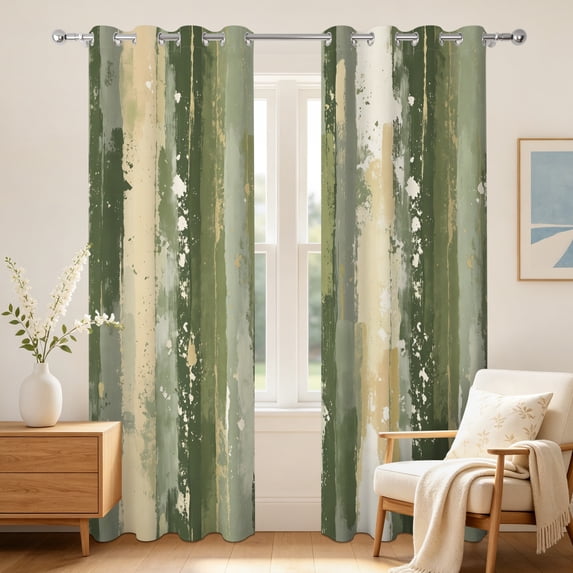 Olive Green Paint Brush Blackout Curtains,2 Panels,52x96 Inch,Grommet Top,Thermal Insulated Light Blocking Window Drapes