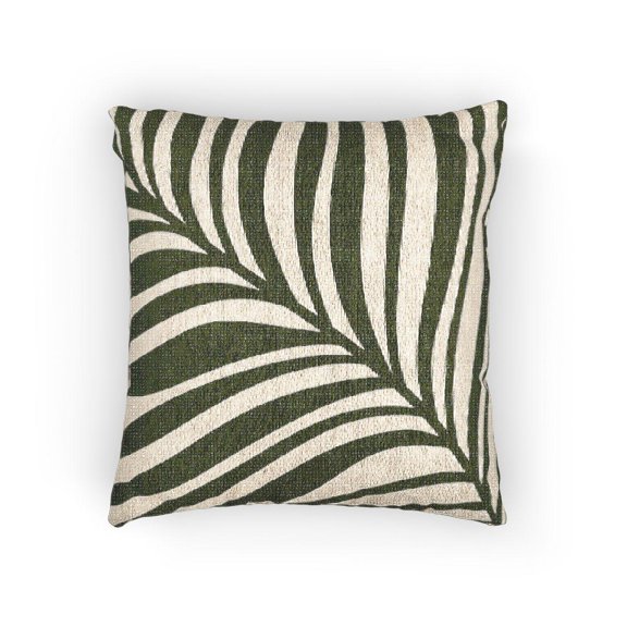 Olive Green Palm Frond Woven Pillow, Cream Tropical Botanical Pattern