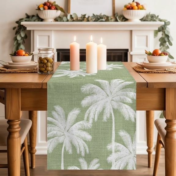 Olive Green Palm Trees Dining Table Runner, Summer Beach Tropical Farmhouse Washable Table Runners Kitchen Coffee Table Center Decor for Home Party Holiday Wedding 13 x 36 Inches