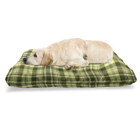 Olive Green Pet Bed, Quilt Pattern Traditional Scottish Design Checkered Geometrical, Resistant Pad for Dogs and Cats Cushion with Removable Cover, 24" x 39", Dark Green Yellow Brown, by Ambesonne