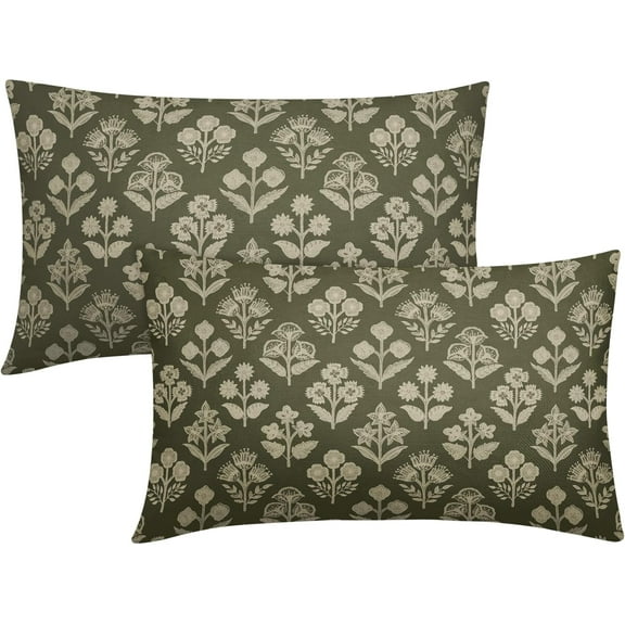 Olive Green Pillow Covers 12x20 Inch Set of 2, Cream Floral Block Print Pattern Lumbar Decorative Throw Pillowcases Outdoor Farmhouse Rectangle Cushion Covers Spring Summer Sofa Couch Bed Decor