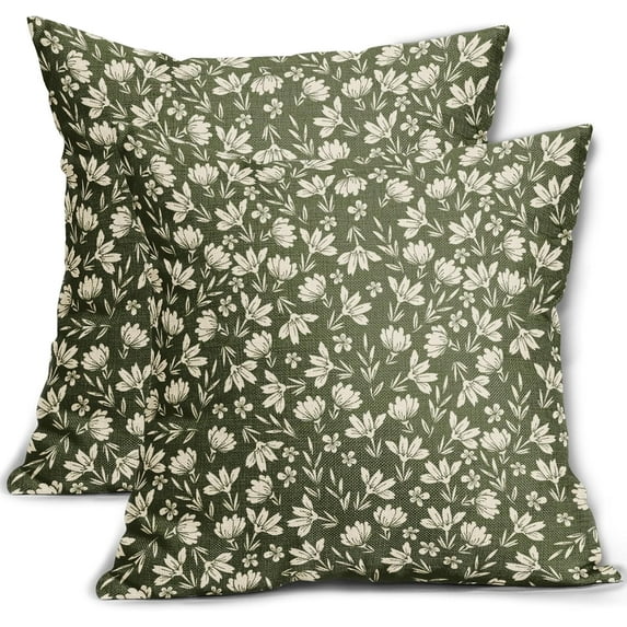 Olive Green Pillow Covers 16x16 Set of 2 Vintage Floral Rustic Old Style Cute Flower Print Decorative Outdoor Pillowcases Seasonal Farmhouse Throw Cushion Case Decor for Couch Sofa Bed