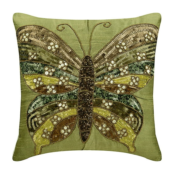 Olive Green Pillow Shams, Butterfly Theme Sequins and Beaded Pillow Shams, 24x24 inch (60x60 cm) Pillow Sham, Square Silk Shams, Modern Pillow Shams, Floral - Butterfly Envy
