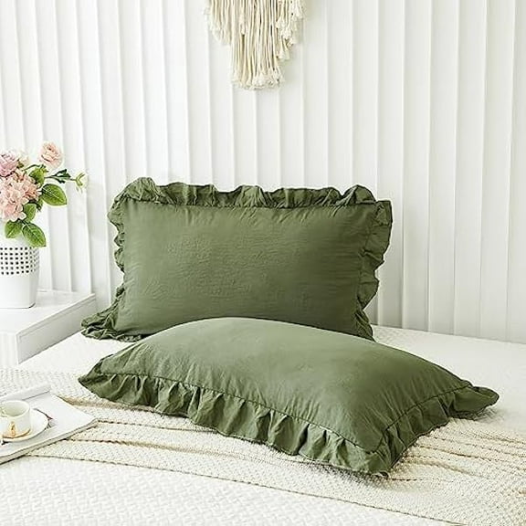Olive Green Pillow Shams Dark Green Ruffle Standard Pillowcases Cute Pillow Cover Set of 2 Shabby Chic Soft Microfiber Pillowcases 2 Pack (Queen (20''x30''), Olive Green)
