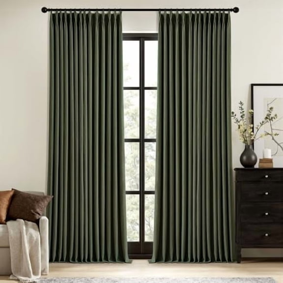 Olive Green Pinch Pleated 100% Blackout Linen Curtains 96 Inch Length 2 Panels Set, Black Out Memory Trained Pleat Curtains Light Blocking Room Darkening Drapes for Bedroom Living Room Window