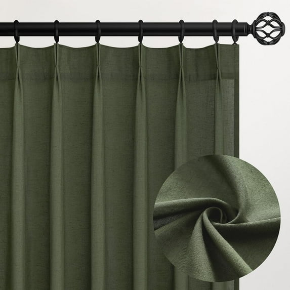 Olive Green Pinch Pleated Linen Curtains 100 Inch Length 2 Panels for Living Room Bedroom Semi Sheer Window Curtain Boho Neutral Back Tab Pinch Pleat Drape with Hooks 100 Inches Long