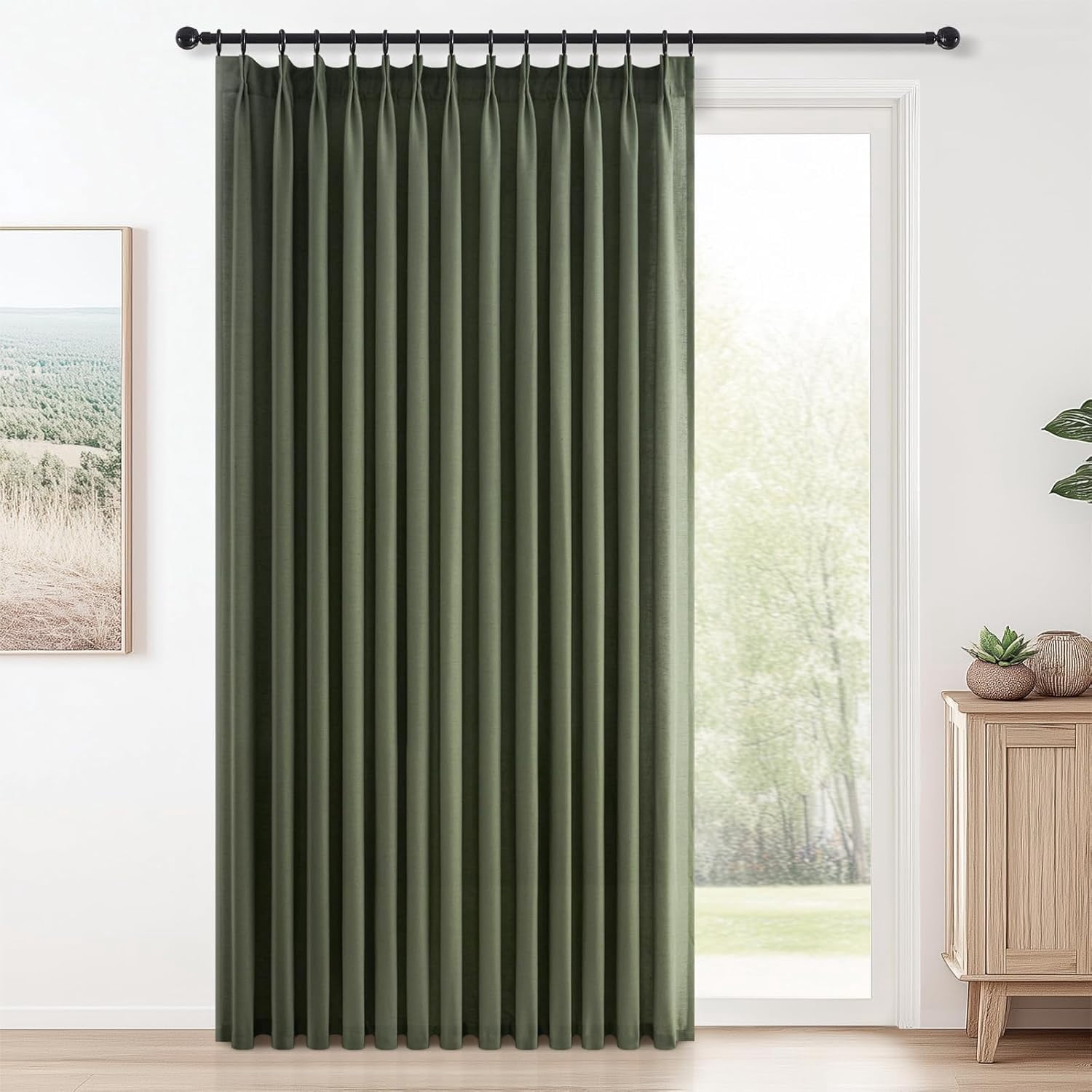 Olive Green Pinch Pleated Linen Curtains 108 Inch Length 1 Panels for