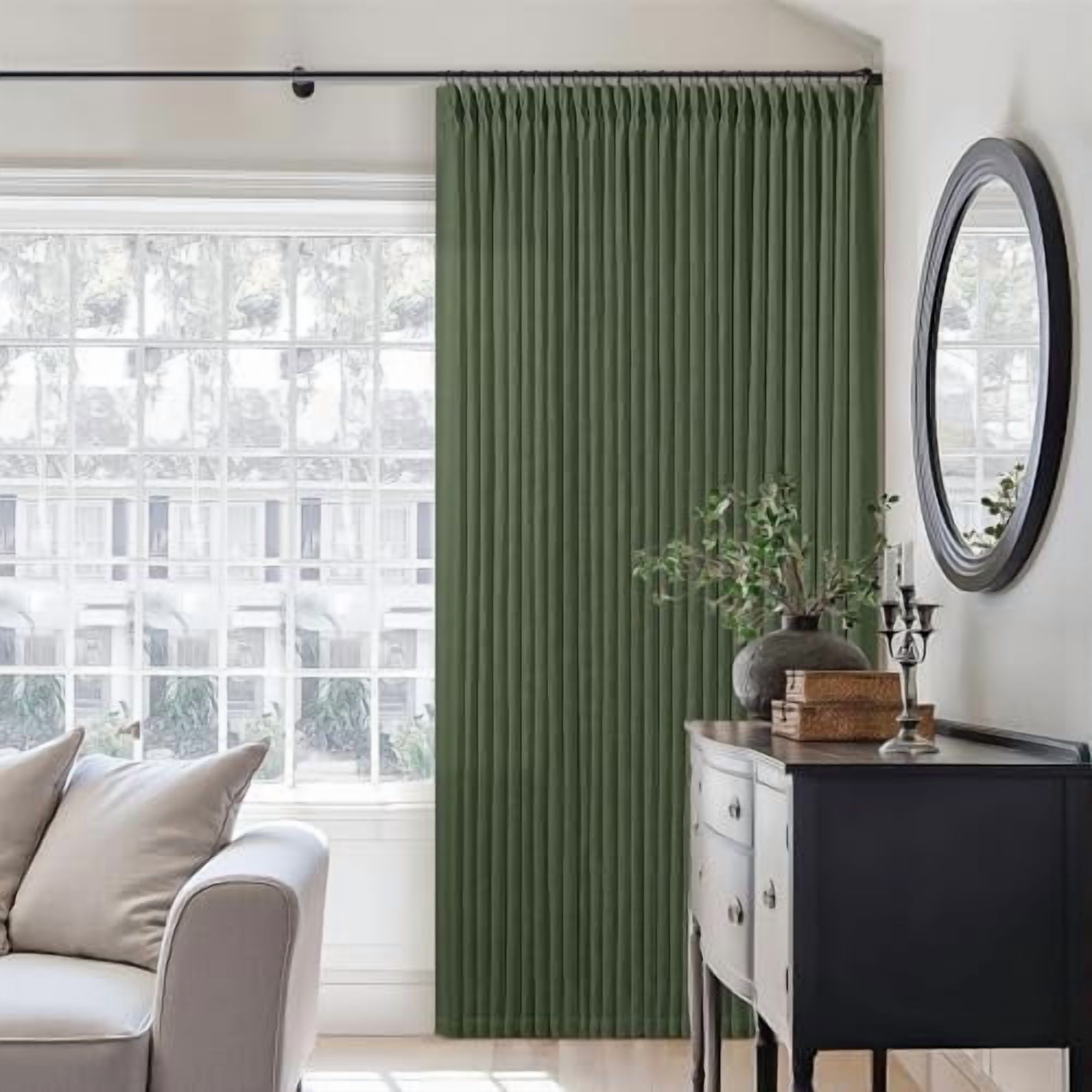 Olive Green Pinch Pleated Linen Curtains 92 Inches Long 2 Panels for ...