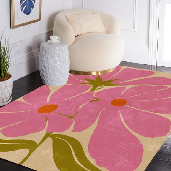 Olive Green Pink Flower Pattern Carpet For Livingroom Bedroom Guestroom Stain Resistant Washable Area Rugs In Playroom Diningroom Mid Century Modern Rug Retro Fresh Vibrant Mat 5x6ft