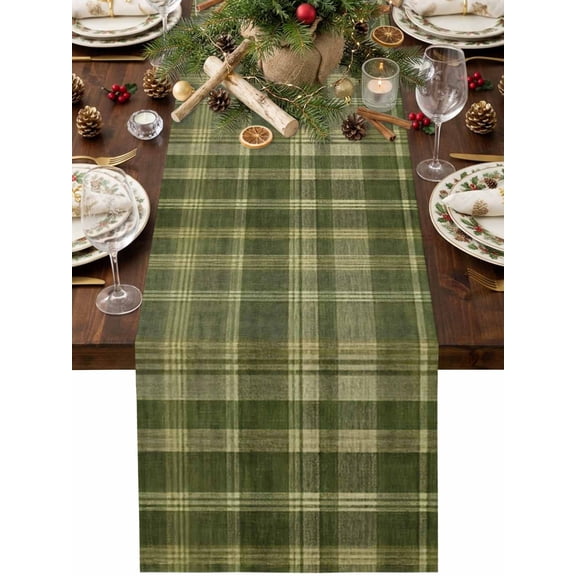 Olive Green Plaid Table Runner 48 Inches Long, Vintage Rustic Gingham Weave Texture Cotton Linen Dining Table Runner Dresser Scarves for Home Kitchen Party Decor 13"x48"