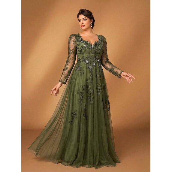 Olive Green Plus Size Evening Gown With Floral Embroidery And Long Sleeves