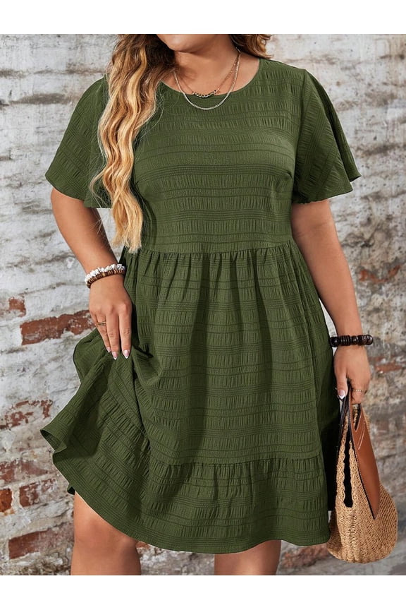 Olive Green Plus Size Round Neck Ruffle Sleeve Drop Waist Casual Summer Dress
