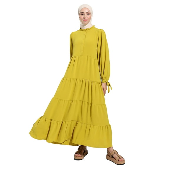 Olive Green - Point Collar - Unlined - Modest Dress - Benin