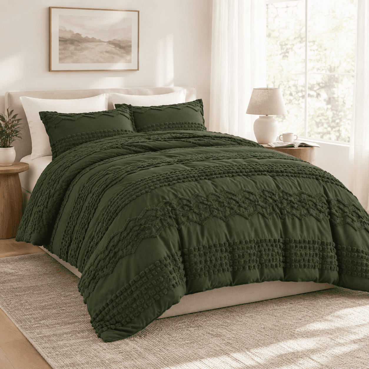 Olive Green Queen 3-Piece Boho Tufted Microfiber Bedding Comforter Set ...