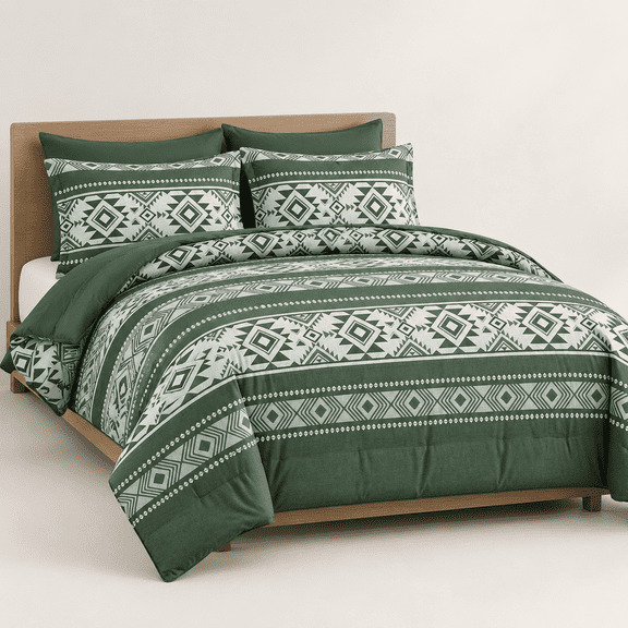 Olive Green Queen 7 Piece Boho Farmhouse Western Bed-in-a-Bag Set