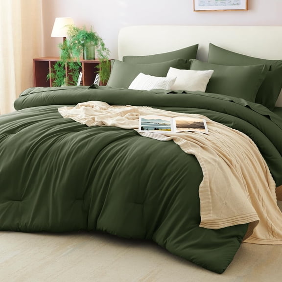 Olive Green Queen Comforter Set 7 Pieces Bed in a Bag,Luxury Soft Down Alternative Bedding, with Comforter Fitted Sheet Flat Sheet Pillowcases Shams