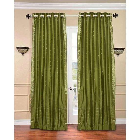 Ring Top Sheer Sari Curtains 60" W X 63" L matching tiebacks- Handcrafted Olive Green Indian Drapes Unlined for light & airy ambience Perfect for Living/Bedroom/Dining Room Sold in Pairs