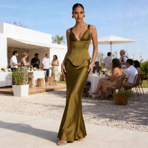 Olive Green Satin Mermaid Evening Gown With V-Neck And Ruched Bodice