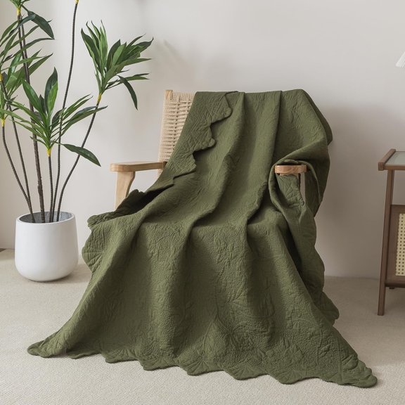 Olive Green Scalloped Cotton Quilted Throw Blanket for Bed Couch Daybed 47 X 60 Inch Decorative