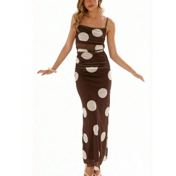 Olive Green Sheer Polka Dot Maxi Cami Dress With Adjustable Spaghetti Straps Square Neck