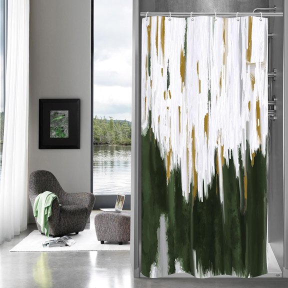 Olive Green Small Stall Shower Curtain Abstract Ombre Half Size Narrow Set Graffiti Oil Painting for Chic Modern Bathrooms Durable Polyester Fabric with Hooks (36"x72)