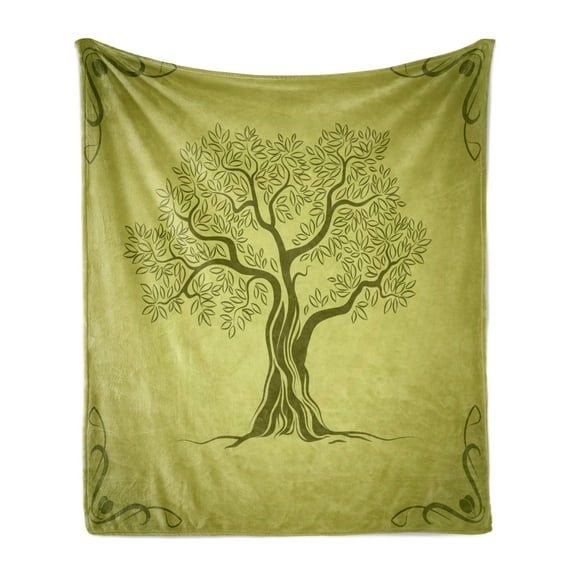 Olive Green Soft Flannel Fleece Blanket, Mediterranean Olive Tree Silhouette with Ornamental Frame Nature Inspirations, Cozy Plush for Indoor and Outdoor Use, 60" x 80", Olive Green, by Ambesonne
