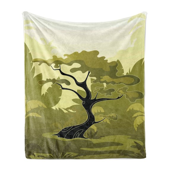 Olive Green Soft Flannel Fleece Throw Blanket, Japanese Tree in Jungle Abstract Nature in Summer Season, Cozy Plush for Indoor and Outdoor Use, 70" x 90", Pale Yellow Olive Green, by Ambesonne