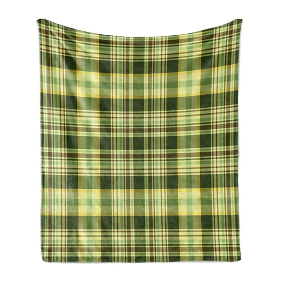 Olive Green Soft Flannel Fleece Throw Blanket, Quilt Pattern Traditional Scottish Design Checkered Geometrical, Cozy Plush for Indoor and Outdoor Use, 50" x 60", Dark Green Yellow Brown, by Ambesonne