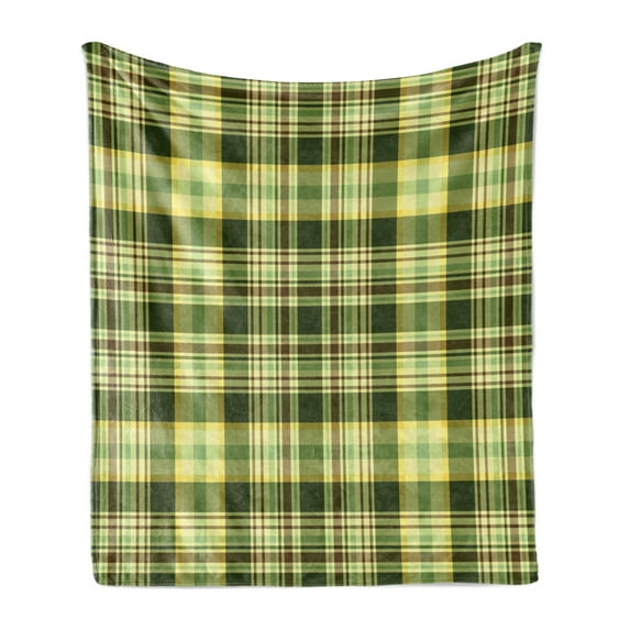 Olive Green Soft Flannel Fleece Throw Blanket, Quilt Pattern Traditional Scottish Design Checkered Geometrical, Cozy Plush for Indoor and Outdoor Use, 50" x 70", Dark Green Yellow Brown, by Ambesonne