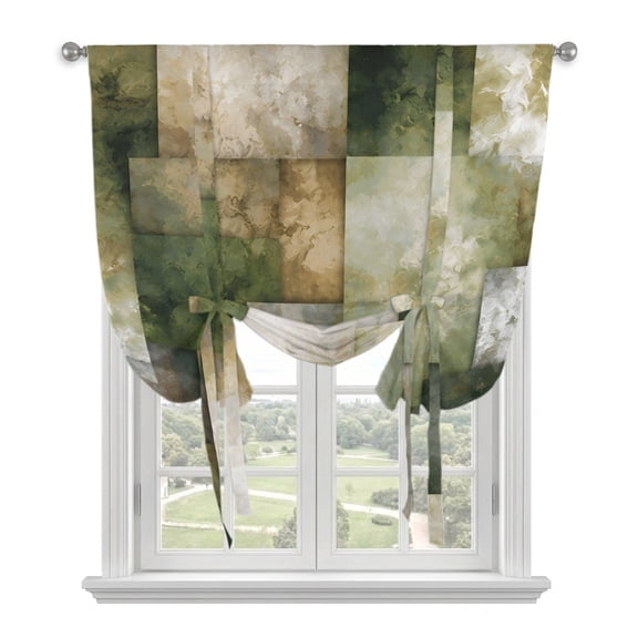Olive Green Squares Tie Up Balloon Window Curtain 52W x 45L Inch, Abstract Sage Green Blocks Industrial Ink Bleeds Rod Pocket Adjustable Tie Up Curtains Small Kitchen Sink Curtains for Cafe Bedroom