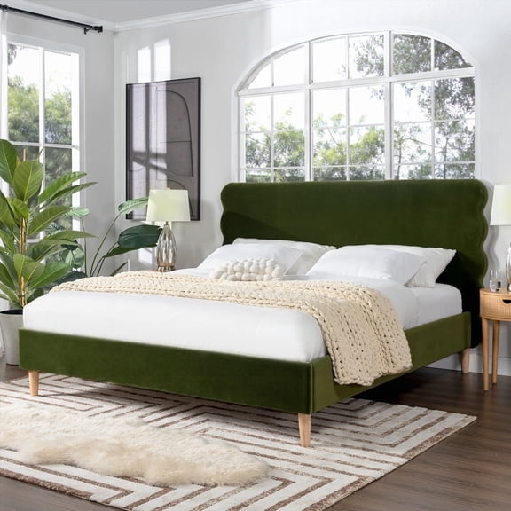 Olive Green Stockholm Platform Bed boasting a Wavy Headboard and a Sturdy Frame