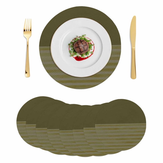 Olive Green Striped Round 13 Inch Placemats Set of 8, Vintage Stripes Ombre HeatResistant Non Slip Place Mats for Dining Table, Wipeable Braided Kitchen Table Mats for Housewarming
