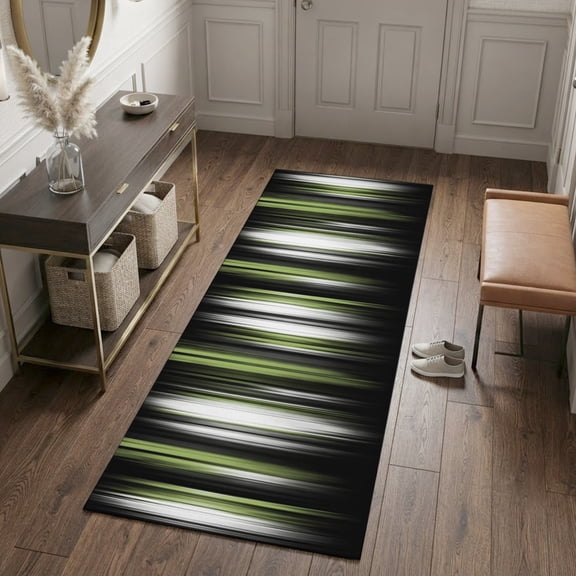 Olive Green Striped Runner Rugs 2x6ft Modern Abstract Vertical Stripes Jet Black Washable Rug, Non Slip Indoor Carpet Absorbent Floor Mat for Living Room Bedroom Dining Room
