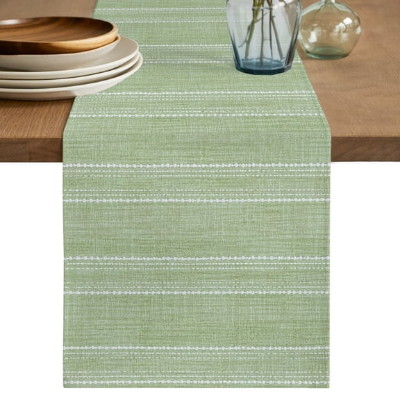 Olive Green Striped Table Runner, Coastal Grandma Farmhouse Rustic Linen Texture Cotton Linen Table Cloth, Tablerunner for Kitchen Dining Party Wedding Home Decor 13x36 Inch