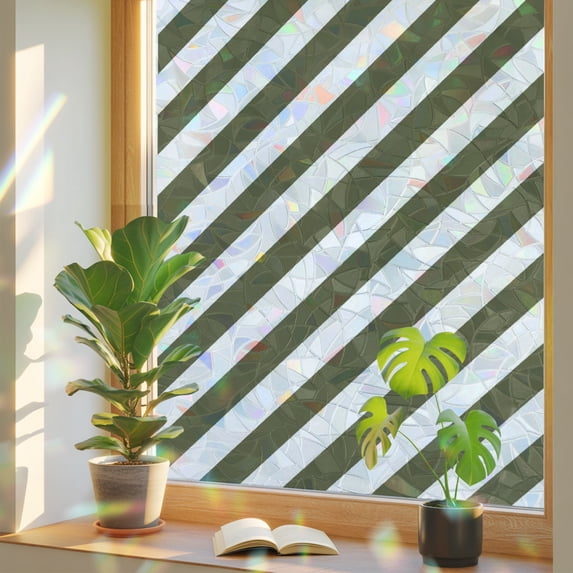 Olive Green Striped Window Privacy Film Rainbow Static Cling Stain ...