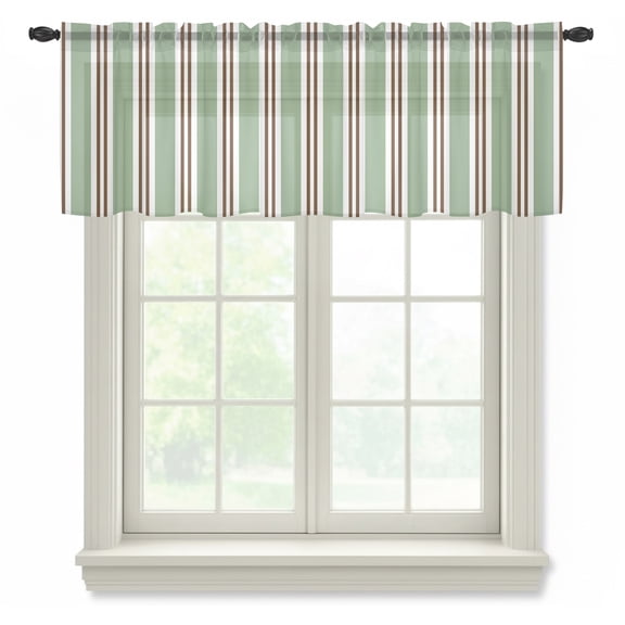 Olive Green Stripes Semi Sheer Valance Curtains, Brown White Forest Green Lines Industrial Modern Voile Valances Curtain Rod Pocket Small Window Treatment for Kitchen Bathroom Cafe 54"x18"