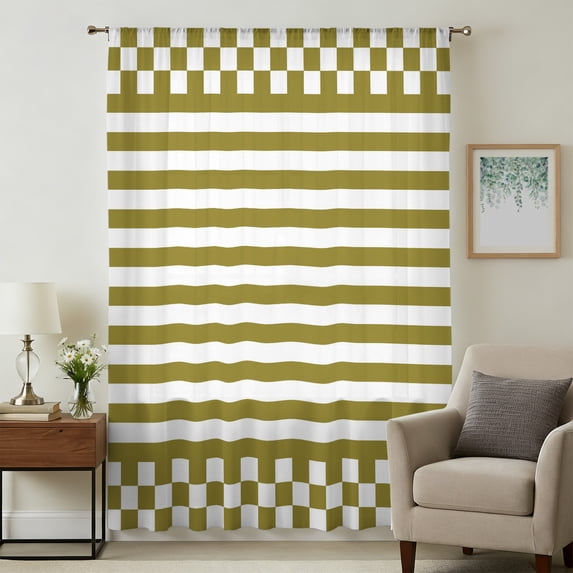 Olive Green Stripes Sheer Curtains 63 Inches Long, Rustic Buffalo Plaid ...