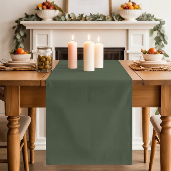 Olive Green Table Runner 13x36 Inch Deep Green Color Solid Background Autumnal Rustic Farmhouse Cotton Linen Dining Table Runner Ideal for Dresser Kitchen Coffee Tables - Machine Washable