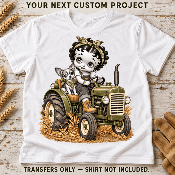 Olive Green Tan Tractor Girl and Chihuahua Apparel Heat Transfers, 10 × 10 Inches, 3-Pack, Ready to Press
