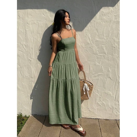 Olive Green Textured Tiered Camisole Maxi Dress, Sleeveless, Loose Fit, Vacation Style