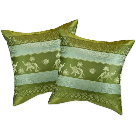 Olive Green Thai Elephant Sun Stripes Silk Throw Pillow Cushion Cover Set