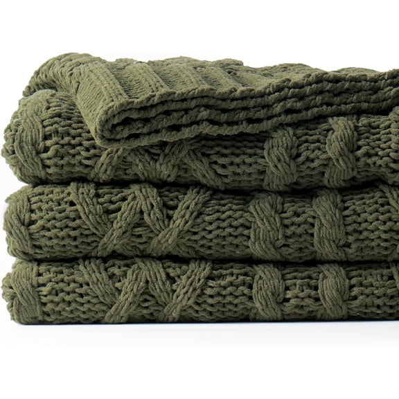 Olive Green Throw Blanket,Chenille Throws For Couch,Thick Chunky Cable Knit Blanket,51"X67"