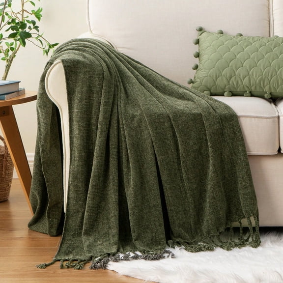 Olive Green Throw Blanket For Sofa, Soft Cozy Chenille Throw Blankets With Fringe Tassels,50"X60"