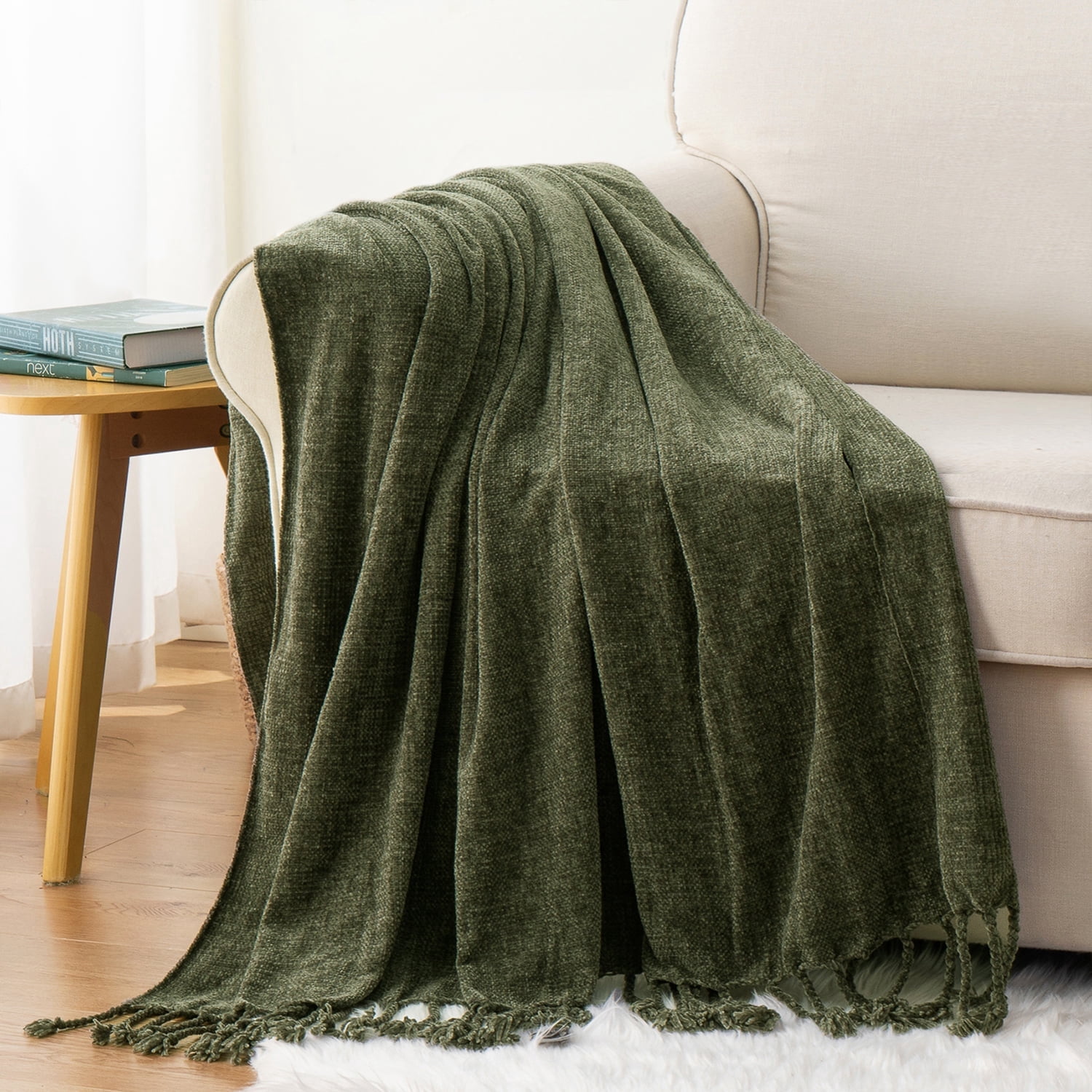 Battilo Olive Green Throw Blanket for Sofa Bed, Soft Cozy Chenille Blankets with Fringe Tassels,50"x60"