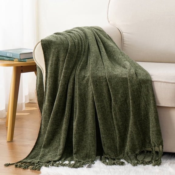 Battilo Olive Green Throw Blanket for Sofa Bed, Soft Cozy Chenille Blankets with Fringe Tassels,50"x60"